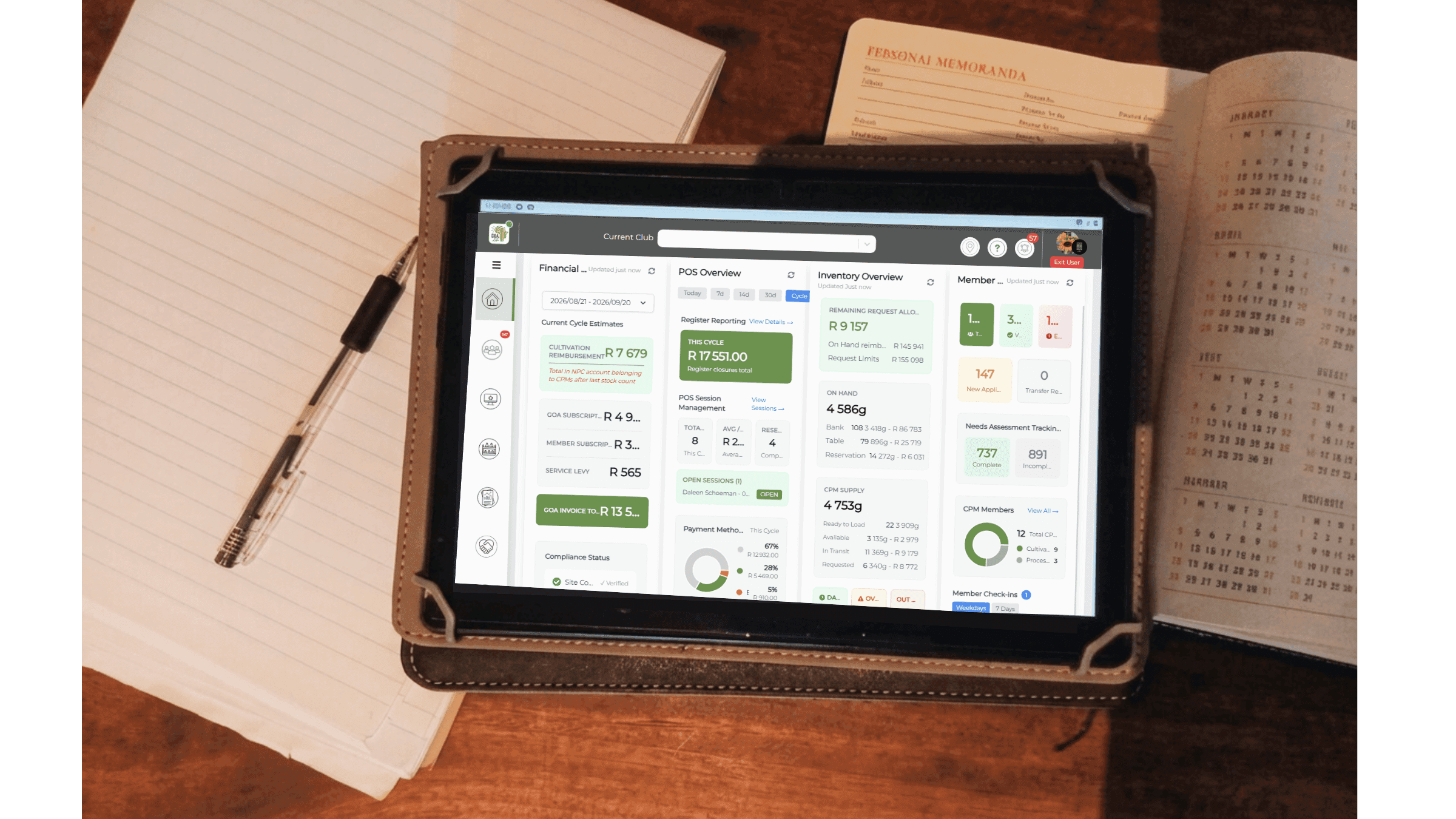 GOAlite Cannabis POS software displaying live Club Dashboard analytics on tablet device