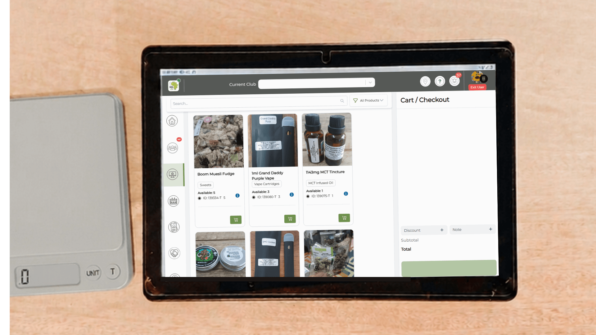 GOAlite Cannabis POS software displaying products available at the club on tablet device