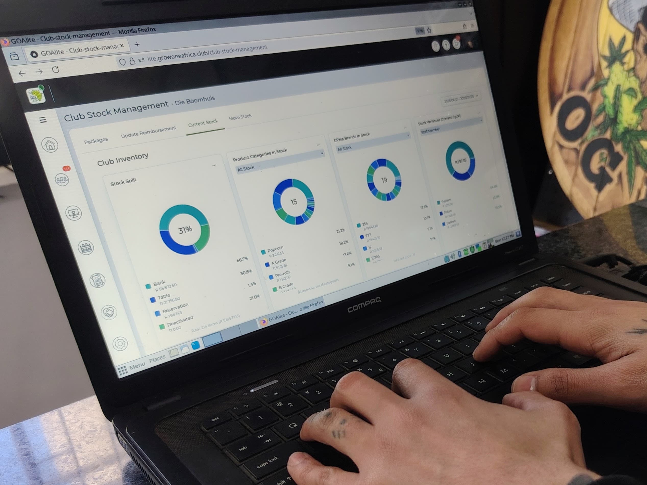 GOAlite Cannabis POS software displaying charts of club inventory on laptop